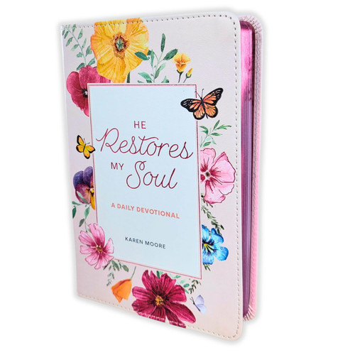 He Restores My Soul: A daily devotional - Karen Moore, light pink faux leather