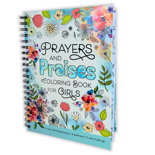 Prayers and Praises Coloring Book for Girls, blue floral hardcover