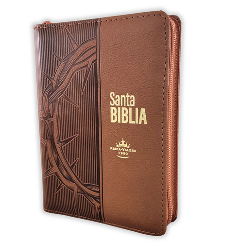 Biblia con Cierre Compacta Letra Grande RV1960, imit piel corona de espinas café con índice