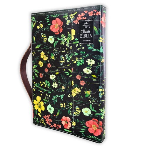 Biblia con Letra Grande 11 puntos RV1960, imit piel flores sobre negro con asa de mano y broche