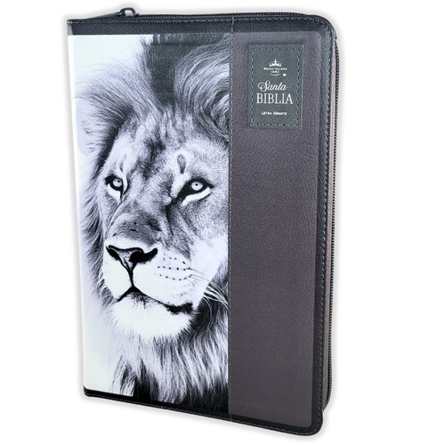 Biblia León con Cierre Letra Grande 12 puntos RV1960, imit piel blanco y negro león con índice