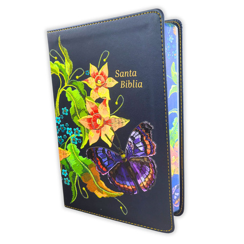 Biblia con Letra Grande Manual RV1960, edición especial imit piel azul nocturno con flores en relieve y canto mariposa floral