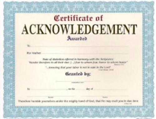 Certificate of Acknowledgment, Adult, Set of 15, English  
