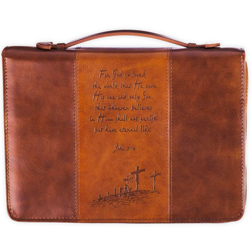 Bible Cover Medium, John 3 16, For God so loved the world, two-tone brown