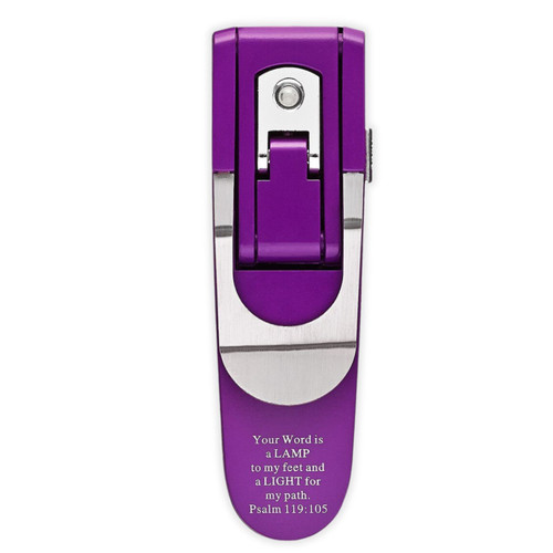 Luz con clip para libros, Morada, Your word is a lamp to my feet, Psalms 119:105