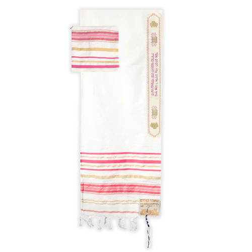 Tallit en Hebreo, Manto para Oración, tela blanca con rosa, incluye bolsa con cierre