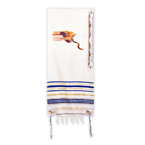 Prayer Shawl, Manto para Oración en inglés, Blow the Shofar in Zion and sound an alarm in my Holy Mountain, Joel 2:1, tela blanca con azul