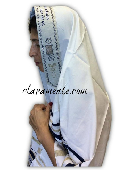 Tallit en Hebreo, Manto para Oración, tela blanca con azul, incluye bolsa con cierre