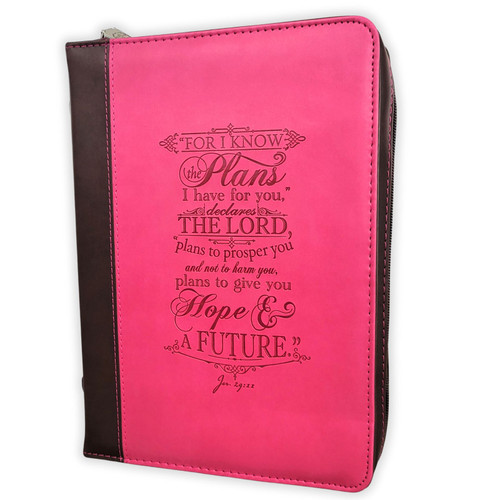 Bible Cover, Large Size, For I know the plans I have for you declares the Lord, Jeremiah 29:11, luxleather duotone pink and brown