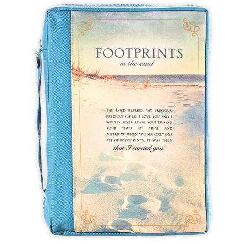 Bible Cover, Large Size, Footprints in the Sand, poly canvas turquoise