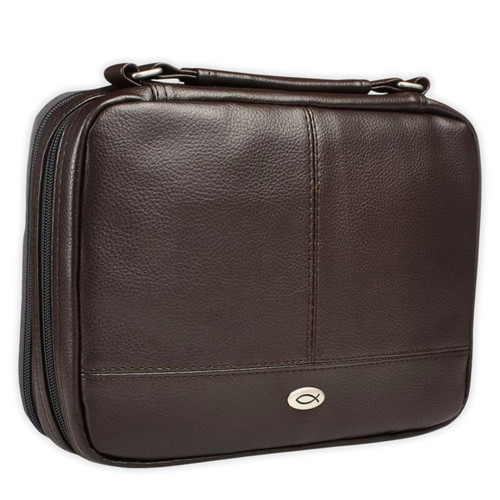 Forro de Biblia Extra Grande con Organizador, Emblema decorativo de pez, imitación piel, café oscuro