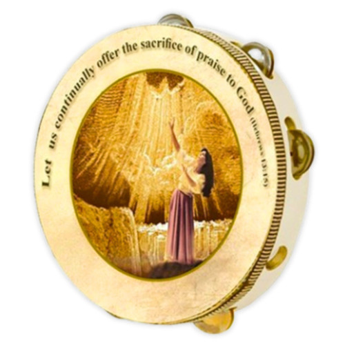 Wood Base Tambourine, Sacrifice of Praise, Let us continually offer the sacrifice of praise to God, Hebrews 13:5