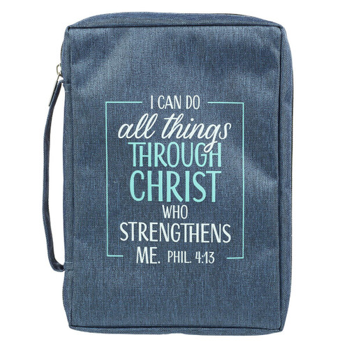 Bible Cover, Large Size, I can do all things through Christ who strengthens me - Philippians 4:13, blue poly canvas
