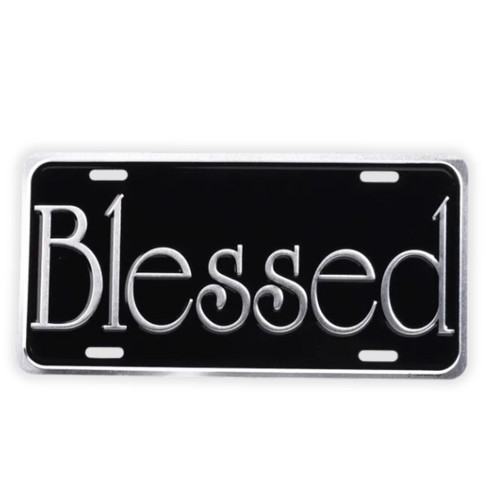 Metal License Plate: Blessed in silver letters