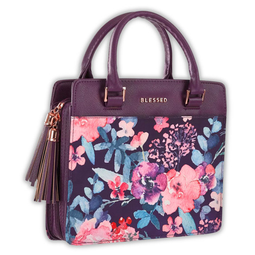 Bible Cover Medium Size Blessed Purple Floral Faux Leather Purse-style Bible Cover
