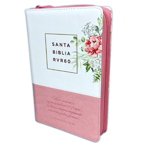 Biblia Letra Grande con Cierre RV1960, imit. piel rosado floral con índice - Mujer Virtuosa