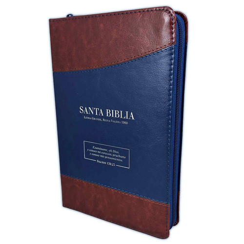 Biblia con Cierre Letra Grande 12 puntos RV1960, imit. café y azul con índice - Examíname, oh Dios