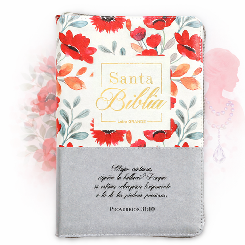 Biblia con Cierre Letra Grande 12 puntos RV1960, imit. floral y gris con índice - Mujer Virtuosa