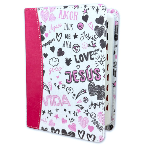 Biblia de Bolsillo RV1960 imit y tela impresa con índice - palabras de vida amor rosa