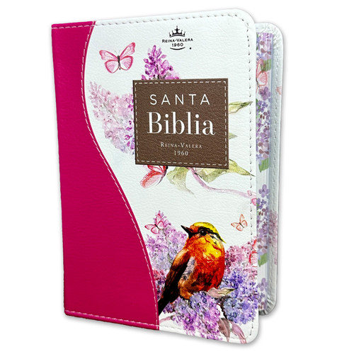 Biblia de Bolsillo RV1960 imit piel con canto floral fucsia y pájaro