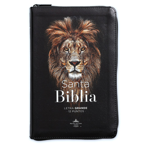 Biblia León con Cierre Letra Grande 12 puntos RV1960, imit. piel negro con índice - El León de la tribu de Judá ha vencido