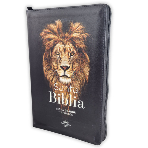 Biblia León con Cierre Letra Grande 12 puntos RV1960, imit. piel negro con índice - El León de la tribu de Judá ha vencido