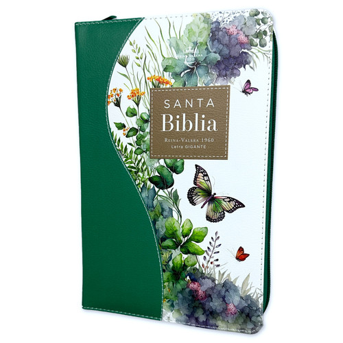 Biblia con Cierre Letra Gigante Manual 14 puntos RV1960, imit piel floral mariposa verde con índice y canto floral