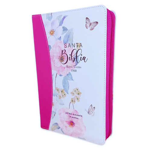 Biblia con Cierre Letra Gigante Manual 14 puntos RV1960 imit piel floral mariposas fucsia y blanco floral con índice