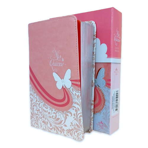 Biblia Edición Mis Quince RV1960 imit. piel rosa y blanco con aplique de mariposa
