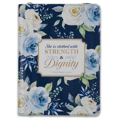 Faux Leather Journal with Zipper Closure: Strength and dignity - Proverbs 31:25