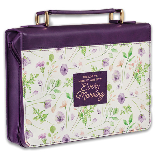 Bible Cover, Large Size, New mercies every morning, Lamentations 3:22-23, purple floral faux leather