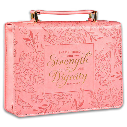 Bible Cover, Large Size, Strength and dignity, Proverbs 31:25, rose pink faux leather