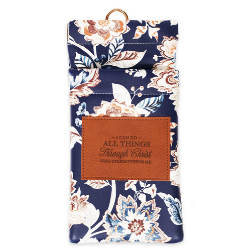 Faux Leather Double Eyeglass Case: I can do all things - Philippians 4:13, honey-brown and navy floral