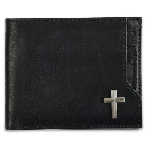 Genuine Leather Wallet: Silver cross - Joshua 1:9, black and silver cross