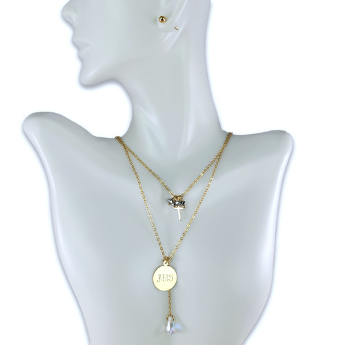 Collar con Doble Cadena Diamante y Charms Plateado: JHS, bañado en oro