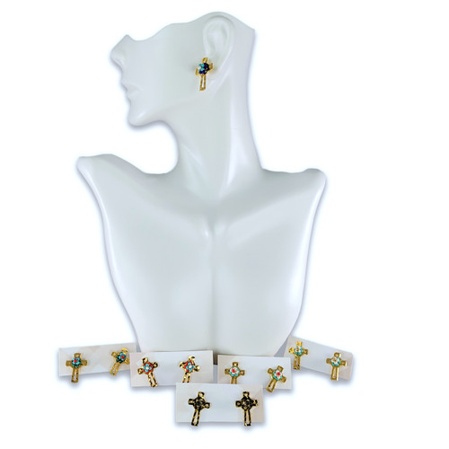 Set de Aretes con Cruz Floral, bañado en oro, colores variados