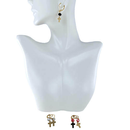 Set de Aretes con Diamante y Cruz Ancho, bañado en oro, colores variados