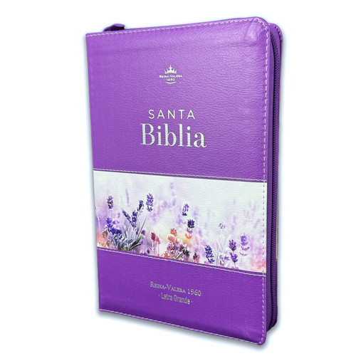 Biblia con Cierre Letra Grande 12 puntos para Mujer RV1960, imit. piel lila floral con índice y canto floral lila