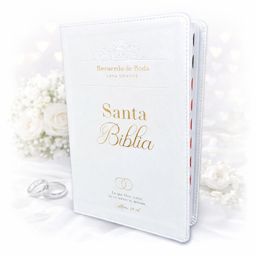 Biblia de Boda Letra Grande 12 puntos RV1960, imit piel blanco con índice - Aros