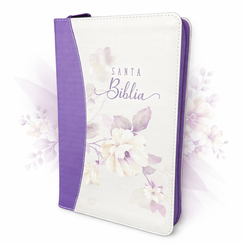 Biblia con Cierre Letra Grande 12 puntos para Mujer RV1960, imit. piel lila floral con índice y canto floral