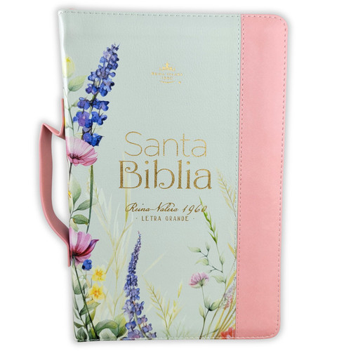 Biblia con Cierre Letra Grande 12 puntos para Mujer RV1960 imit piel rosa y verde claro con índice, canto floral con asa de mano