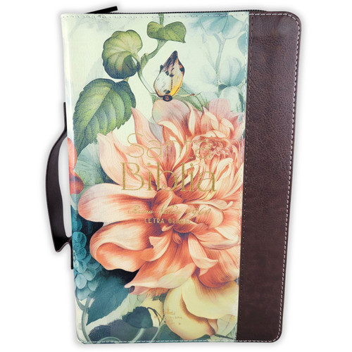 Biblia con Cierre Letra Grande 12 puntos para Mujer RV1960 imit piel marrón floral con índice, canto floral, con asa de mano