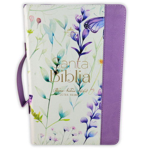 Biblia con Cierre Letra Grande 12 puntos para Mujer RV1960 imit piel lila con índice, canto floral con asa de mano