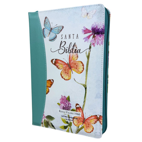 Biblia con Cierre Letra Gigante Manual 14 puntos RV1960, imit piel duotono turquesa floral y mariposas con índice