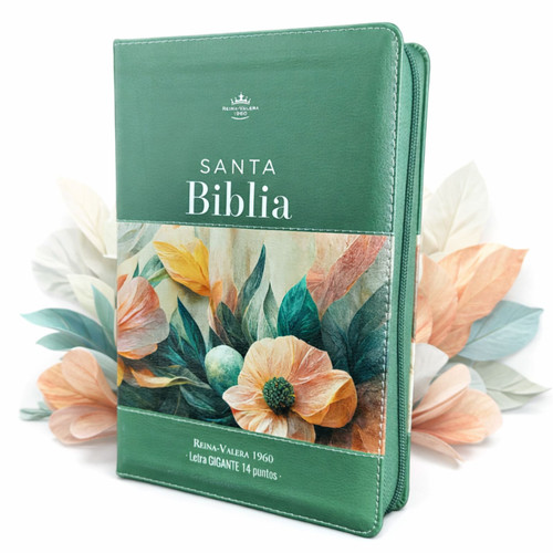 Biblia con Cierre Letra Gigante Manual 14 puntos RV1960, imit piel verde floral con índice y canto floral