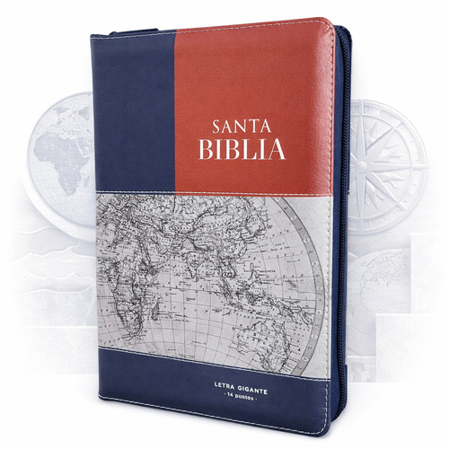 Biblia con Cierre Letra Gigante Manual 14 puntos RV1960, imit piel café/azul/mapa con índice