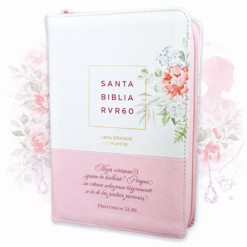 Biblia Mujer Virtuosa con Cierre Compacta 10 puntos RV1960, imit piel blanca floral con índice
