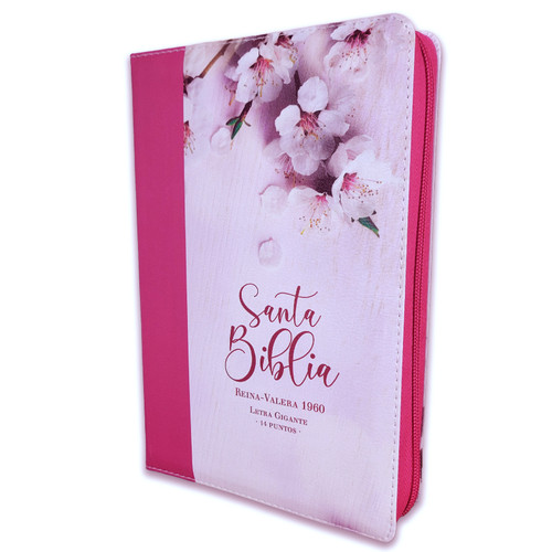 Biblia con Cierre Letra Gigante Manual 14 puntos RV1960, imit piel duotono rosado floral y fucsia con índice y canto floral - Mujer Virtuosa