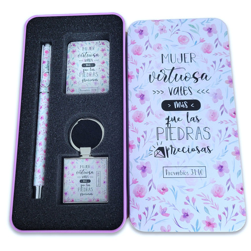 Caja Metálica de Llavero, Bolígrafo, y Tarjeta: Mujer virtuosa - Proverbios 31:10