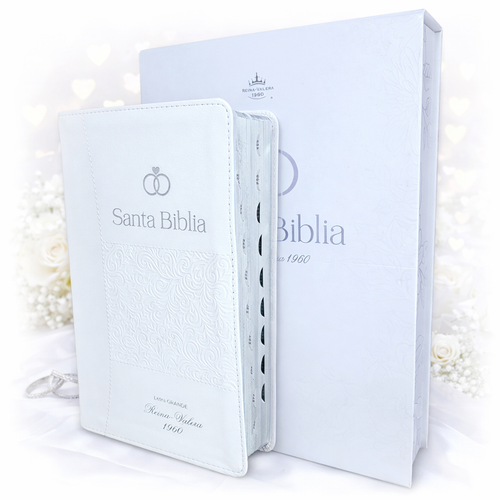 Biblia de Boda Letra Grande con Caja de Regalo RV1960, imit. piel blanco acentos plateados con índice